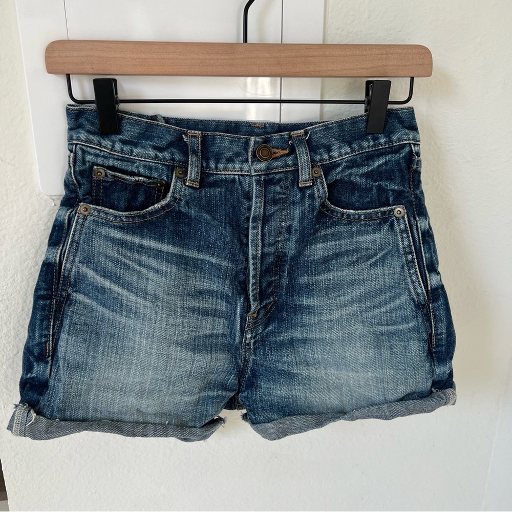 Saint Laurent YSL Mid Rise Cutoff Fray Denim Shorts